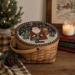 Vintage Santa Hand-Painted Picnic Basket | 14" Woven Wood Holiday Storage